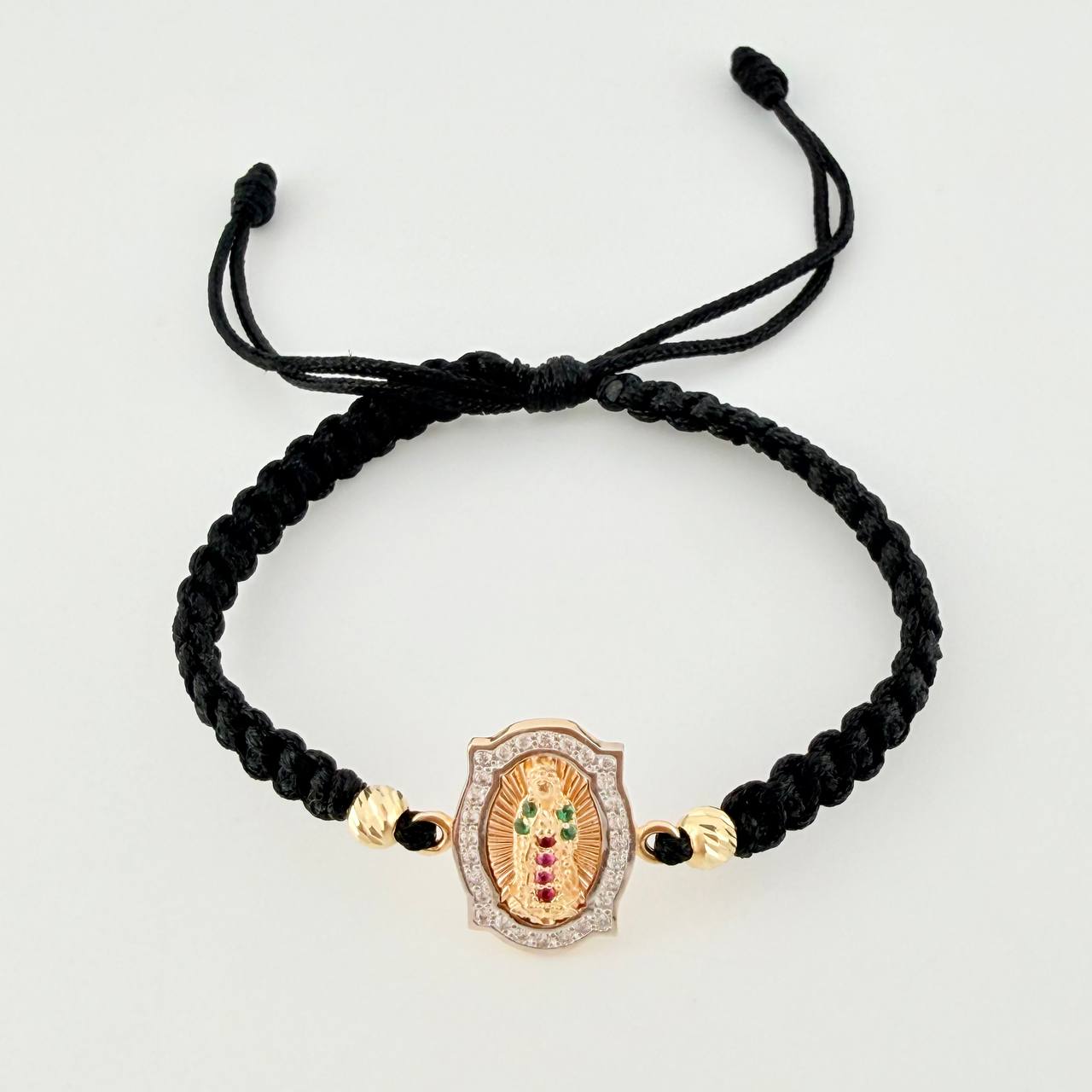 Pulsera Tejida Negra Virgen Guadalupe Bolas Diamantadas Tres Oros 18K