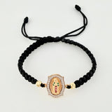 Pulsera Tejida Negra Virgen Guadalupe Bolas Diamantadas Tres Oros 18K