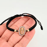 Pulsera Tejida Negra Virgen Guadalupe Bolas Diamantadas Tres Oros 18K