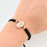 Pulsera Tejida Negra Virgen Guadalupe Bolas Diamantadas Tres Oros 18K