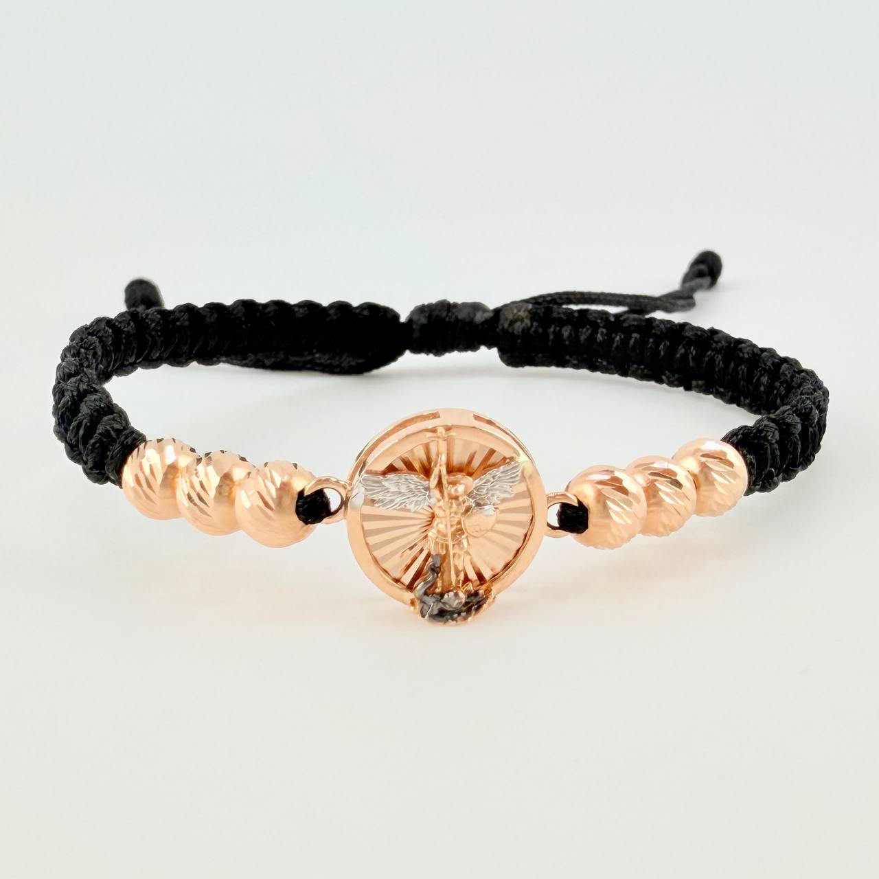 Black Woven Bracelet San Miguel Diamond Cut Beads Two Golds White Rose 18K
