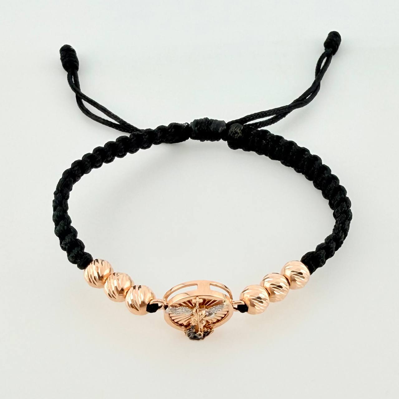 Black Woven Bracelet San Miguel Diamond Cut Beads Two Golds White Rose 18K