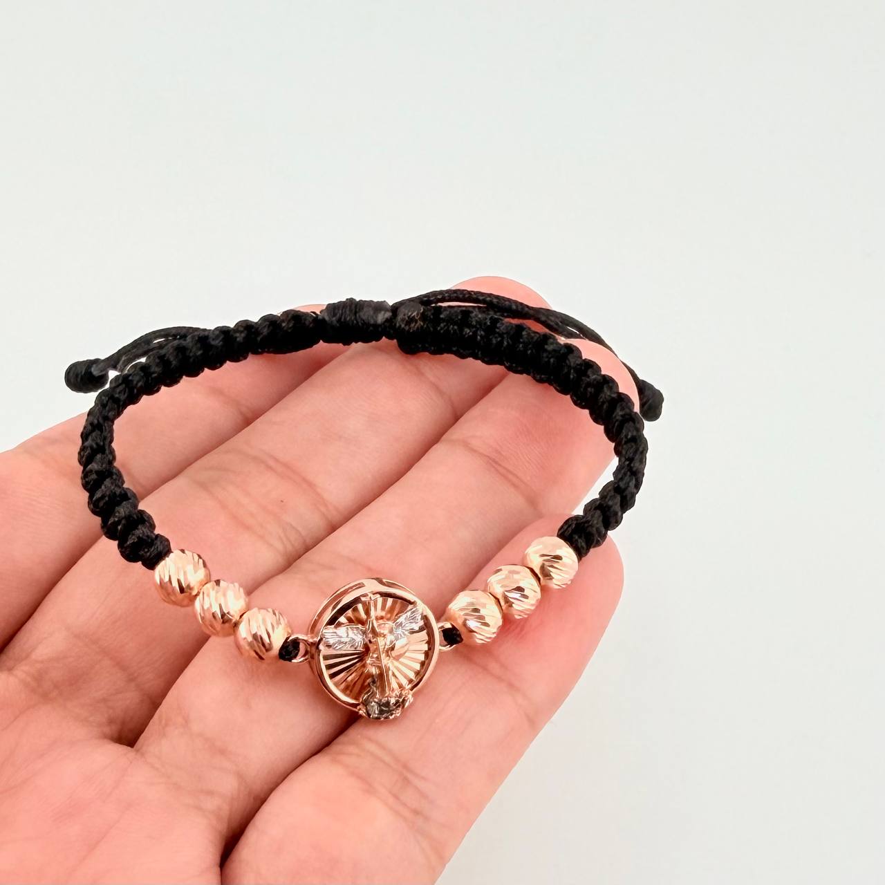 Black Woven Bracelet San Miguel Diamond Cut Beads Two Golds White Rose 18K