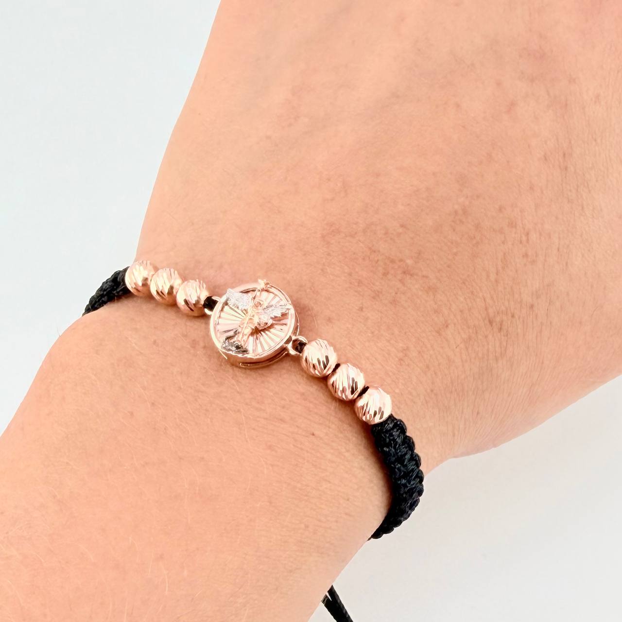Black Woven Bracelet San Miguel Diamond Cut Beads Two Golds White Rose 18K