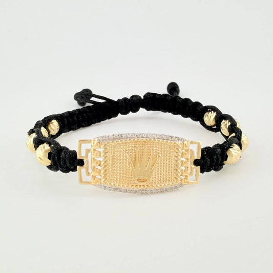 Pulsera Tejida Negra Placa Punteada Corona Bolas Diamantadas Dos Oros Amarillo Blanco 18K