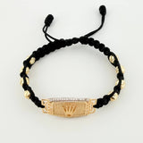 Pulsera Tejida Negra Placa Punteada Corona Bolas Diamantadas Dos Oros Amarillo Blanco 18K