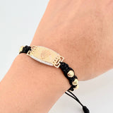 Pulsera Tejida Negra Placa Punteada Corona Bolas Diamantadas Dos Oros Amarillo Blanco 18K