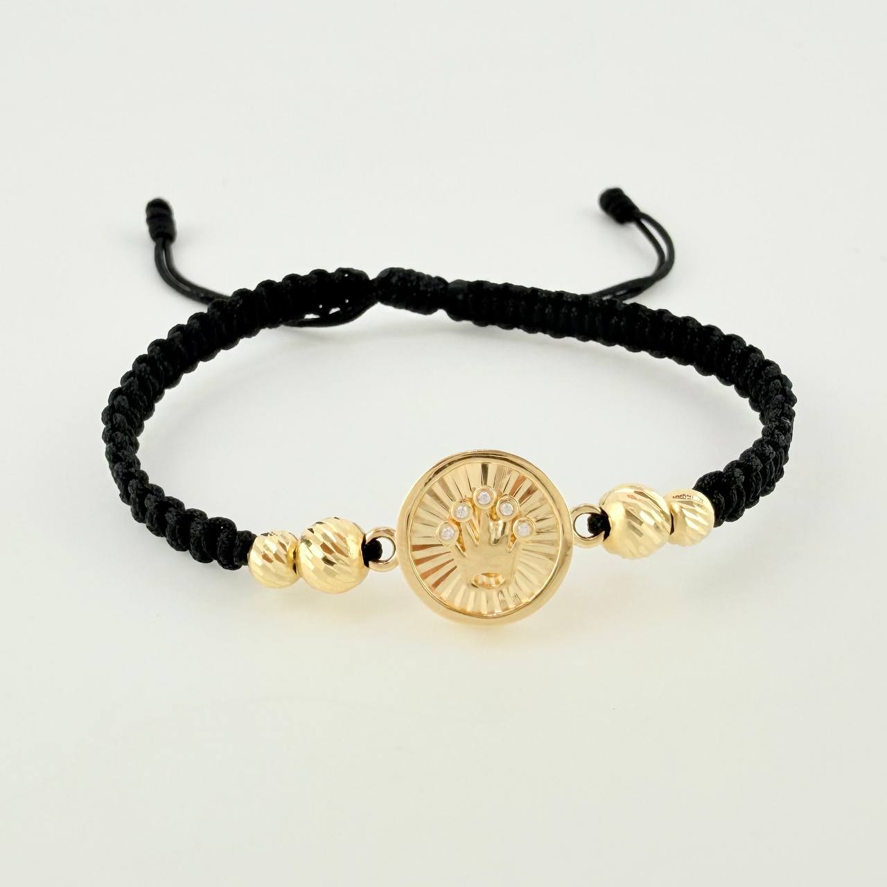 Black Woven Bracelet with Crown Drum Diamond Cut Beads in 18K Yellow Gold