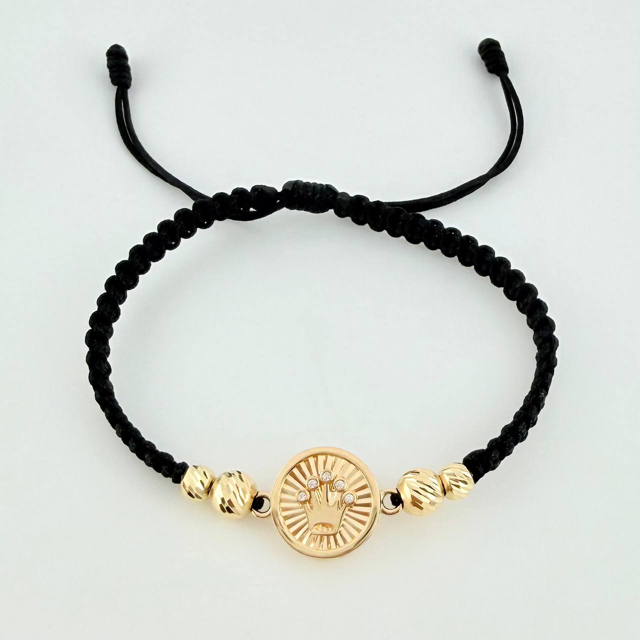 Black Woven Bracelet with Crown Drum Diamond Cut Beads in 18K Yellow Gold