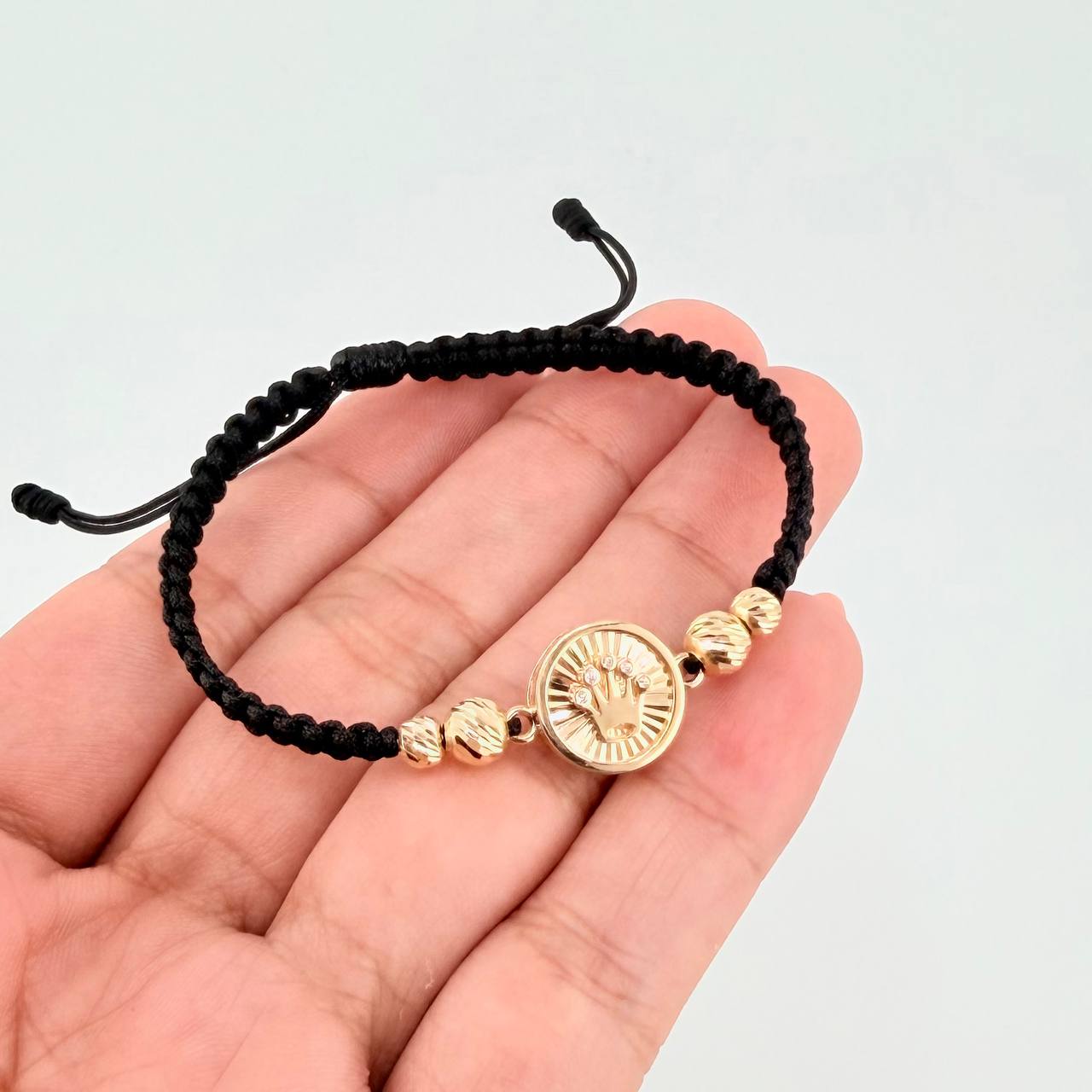 Black Woven Bracelet with Crown Drum Diamond Cut Beads in 18K Yellow Gold