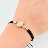 Black Woven Bracelet with Crown Drum Diamond Cut Beads in 18K Yellow Gold