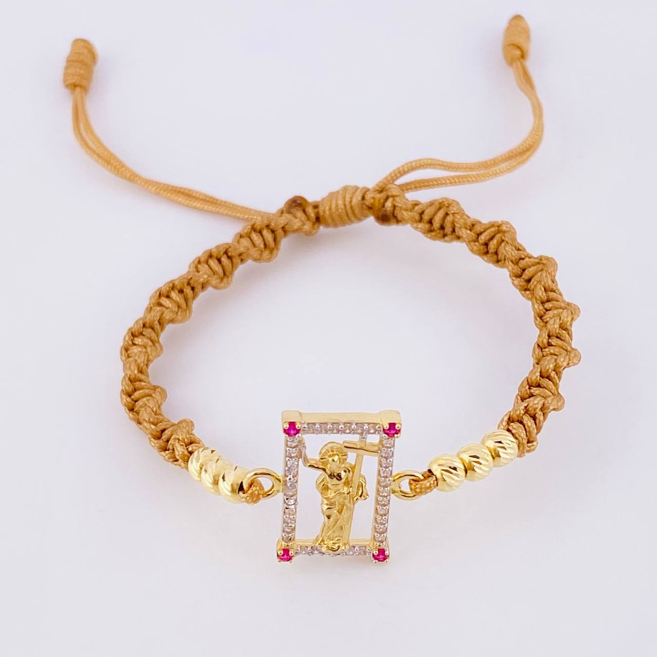 Pulsera Tejida Cafe Jesus Bolas Diamantadas Oro Amarillo 18K