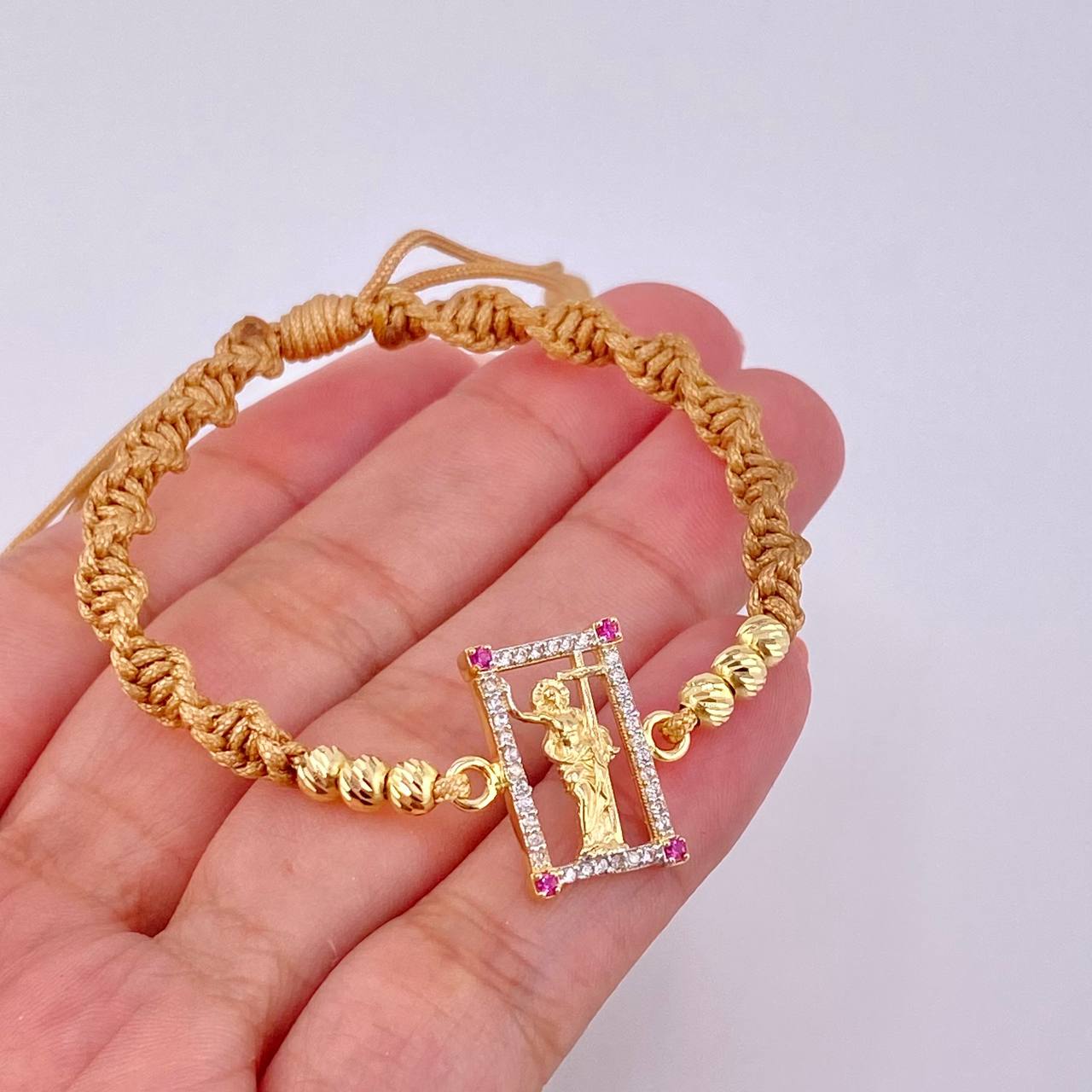 Pulsera Tejida Cafe Jesus Bolas Diamantadas Oro Amarillo 18K