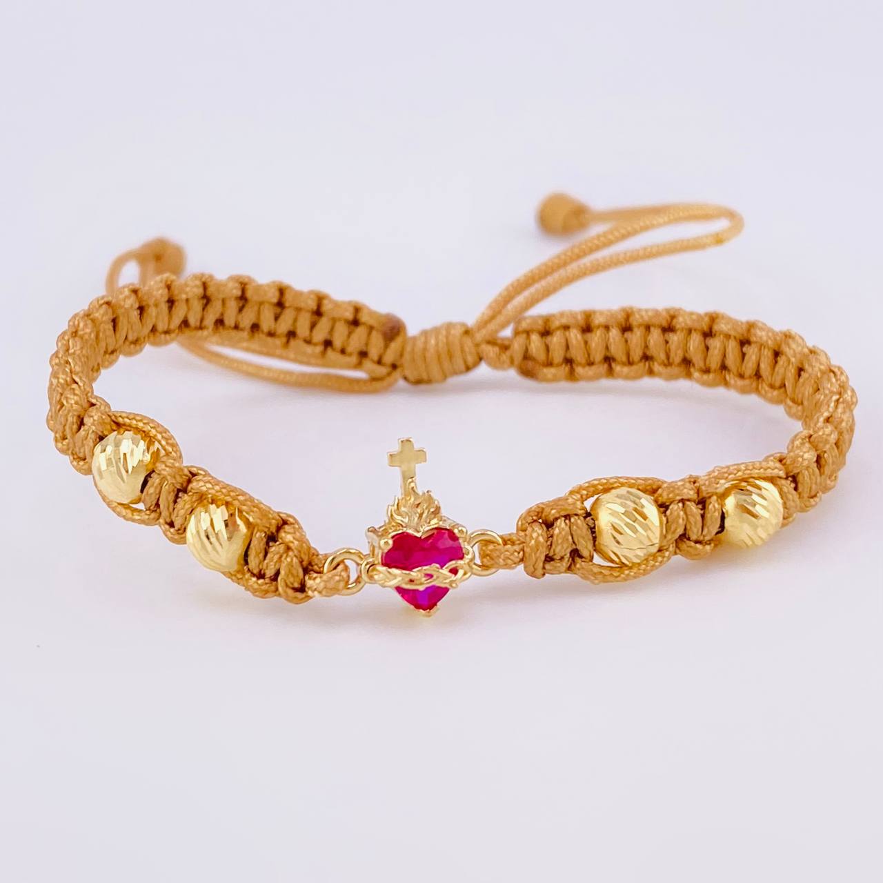 Pulsera Tejida Cafe Sagrado Corazon Bolas Diamantadas Oro Amarillo 18K