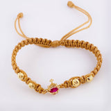 Pulsera Tejida Cafe Sagrado Corazon Bolas Diamantadas Oro Amarillo 18K