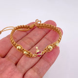 Pulsera Tejida Cafe Sagrado Corazon Bolas Diamantadas Oro Amarillo 18K