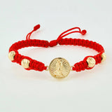 Red Woven Bracelet Drum Virgin Guadalupe Diamond Cut Beads Yellow Gold 18K
