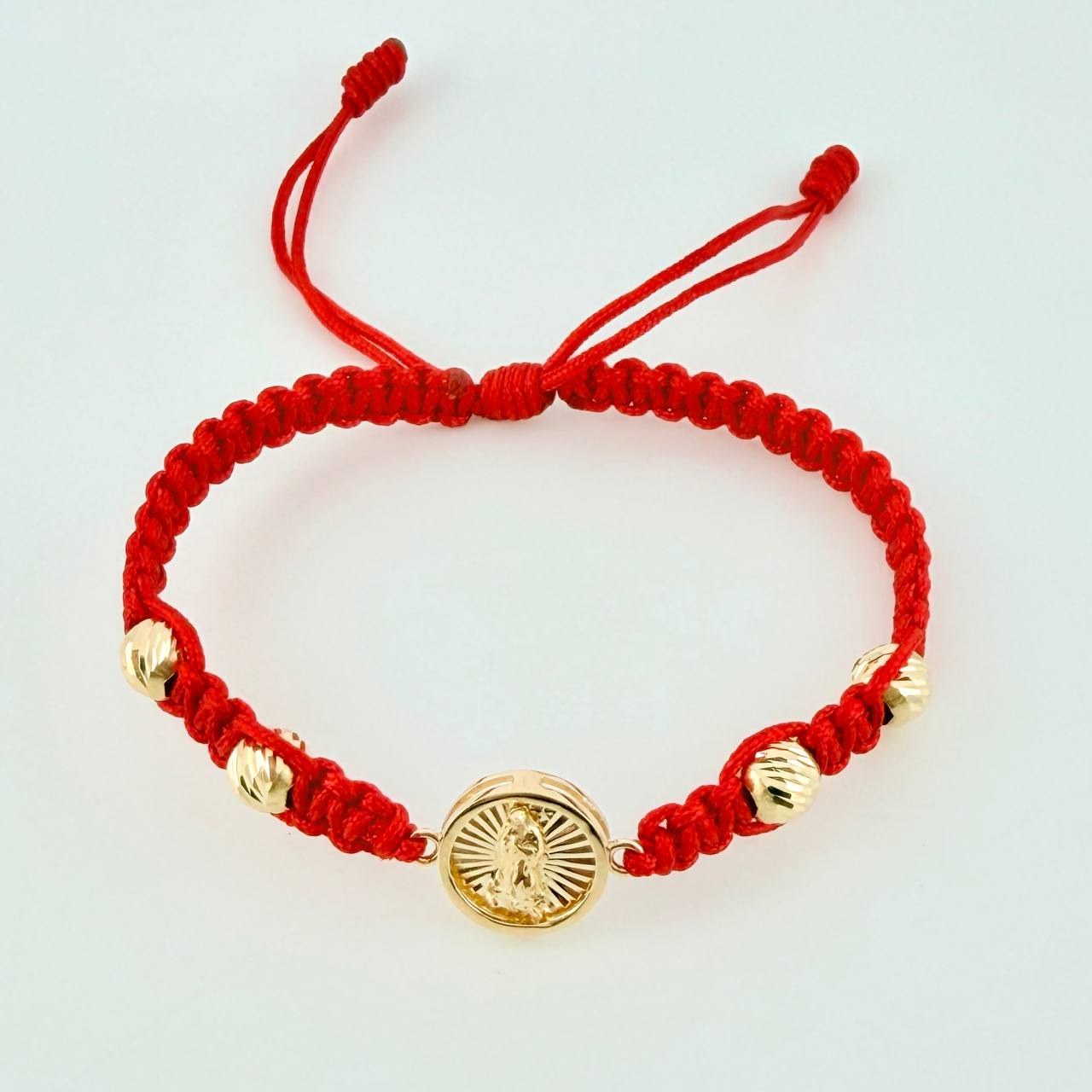 Red Woven Bracelet Drum Virgin Guadalupe Diamond Cut Beads Yellow Gold 18K