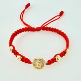 Red Woven Bracelet Drum Virgin Guadalupe Diamond Cut Beads Yellow Gold 18K