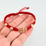 Red Woven Bracelet Drum Virgin Guadalupe Diamond Cut Beads Yellow Gold 18K