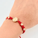 Red Woven Bracelet Drum Virgin Guadalupe Diamond Cut Beads Yellow Gold 18K