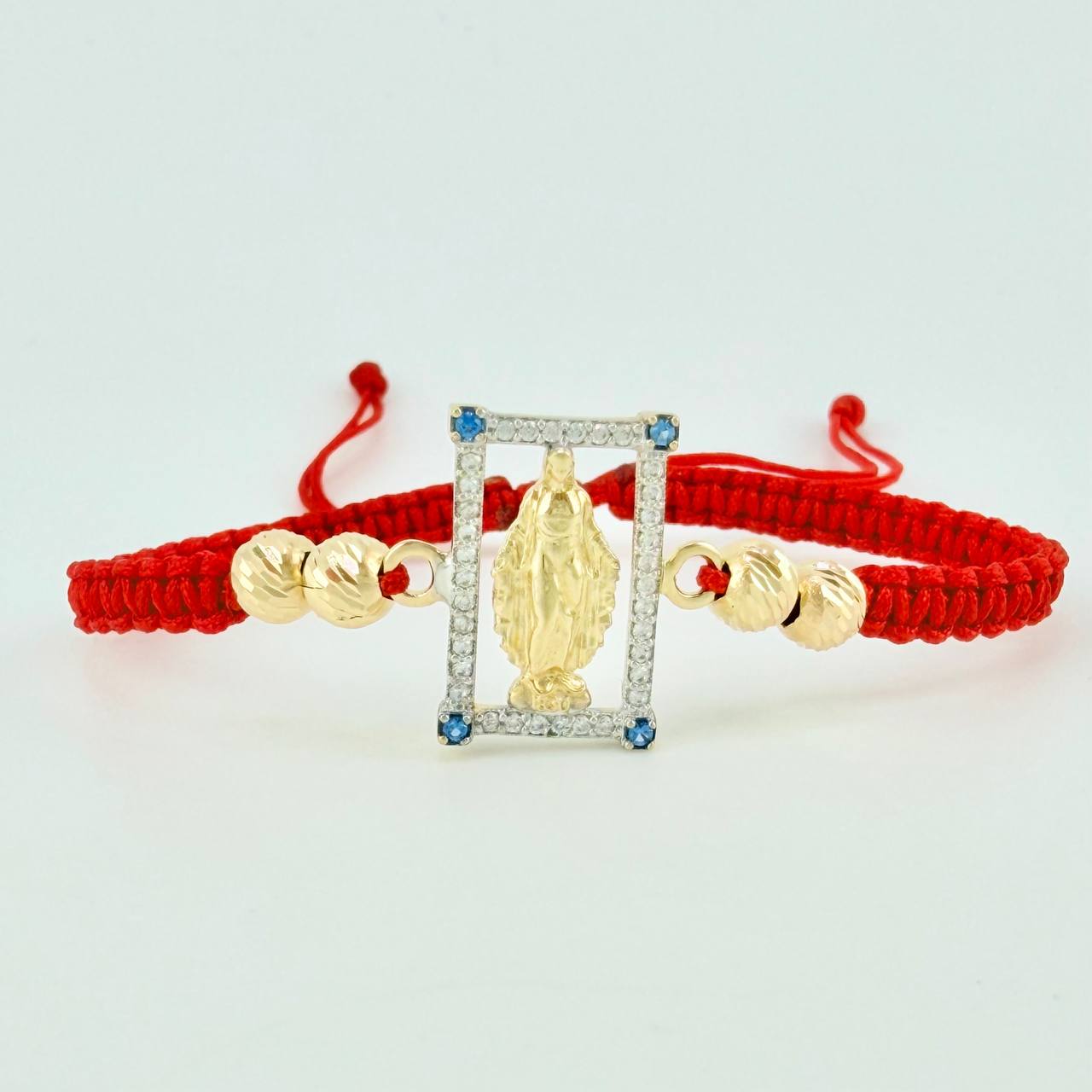 Red Woven Bracelet Miraculous Virgin Diamond Cut Beads Two-Tone Yellow and White Gold 18K