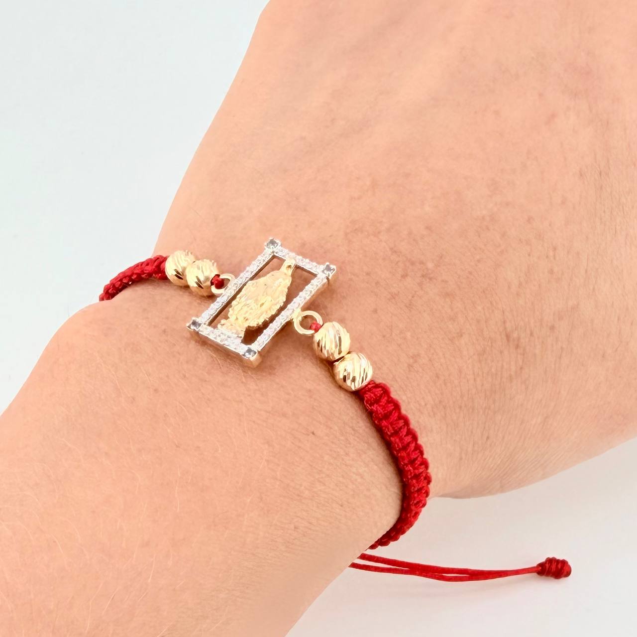 Red Woven Bracelet Miraculous Virgin Diamond Cut Beads Two-Tone Yellow and White Gold 18K