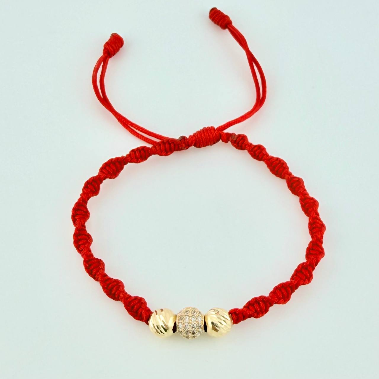 Red Woven Bracelet with Diamond Cut Beads in 18K Yellow Gold