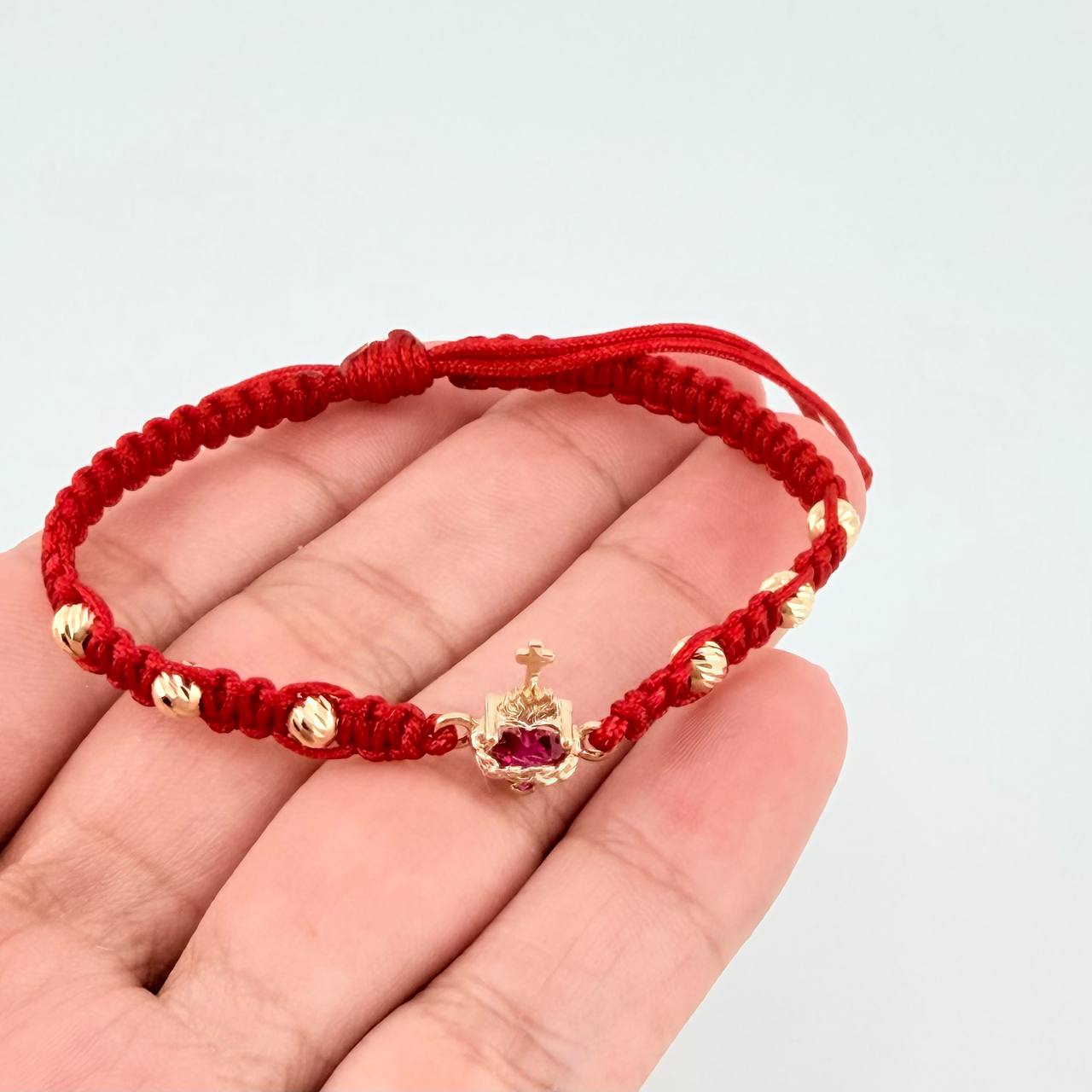 Red Woven Bracelet Sacred Heart Beads Diamond Cut Yellow Gold 18K