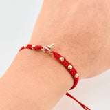 Red Woven Bracelet Sacred Heart Beads Diamond Cut Yellow Gold 18K