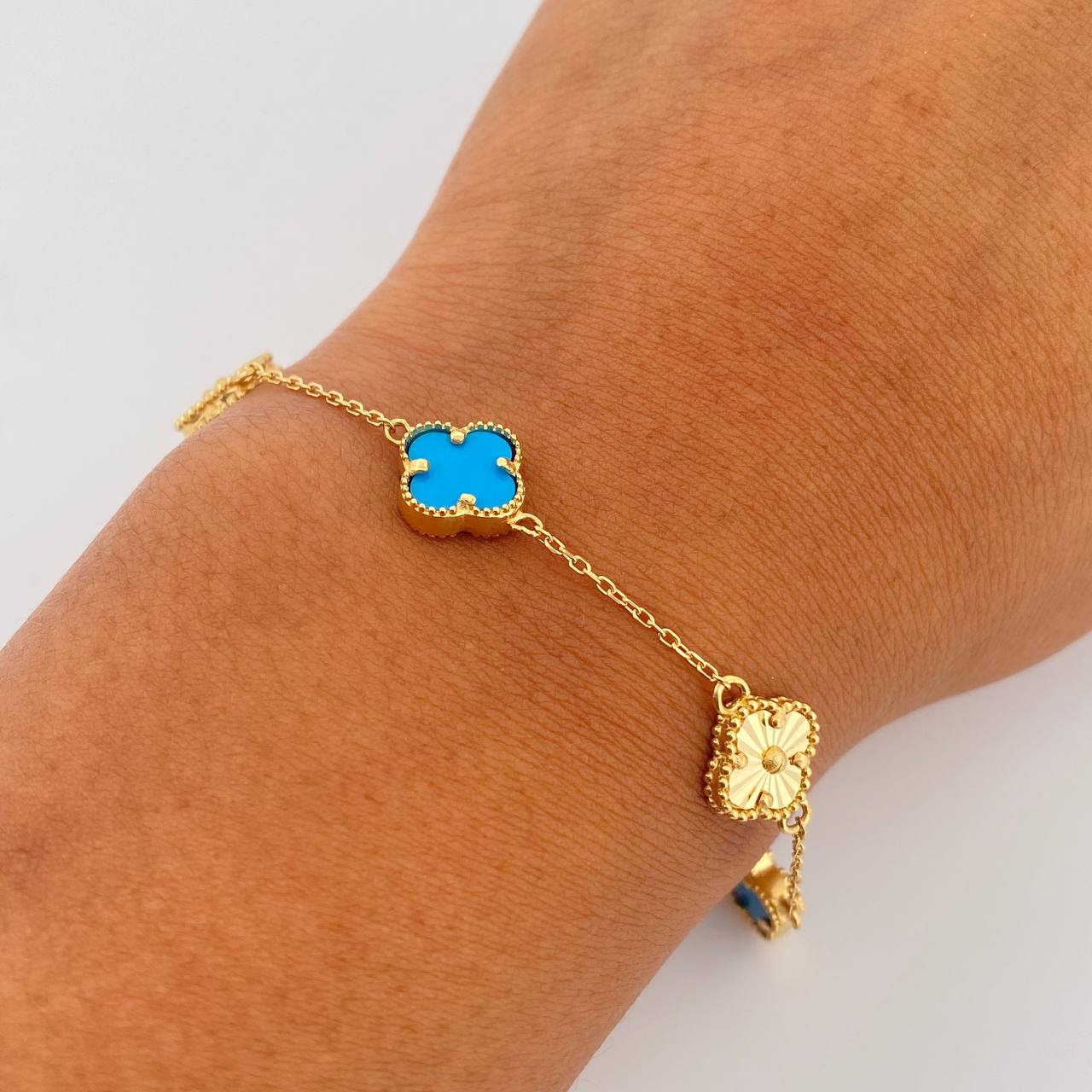 Classic Link Bracelet Clover 5.4gr / 18cm-19.6cm / 0.8mm Turquoise Diamond Cut Yellow Gold +4 18K $
