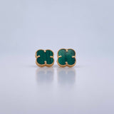 Stud Earrings Clover VCyA 2.35gr / Green Malachite Yellow Gold +4 18K &