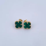 Stud Earrings Clover VCyA 2.35gr / Green Malachite Yellow Gold +4 18K &