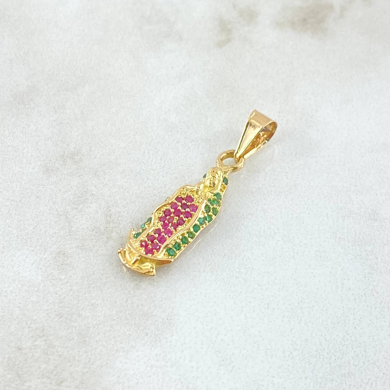 Dije Virgen Guadalupe Silueta 1.65gr / 2.9cm / Circones Verdes Fucsia Oro Amarillo 18K *