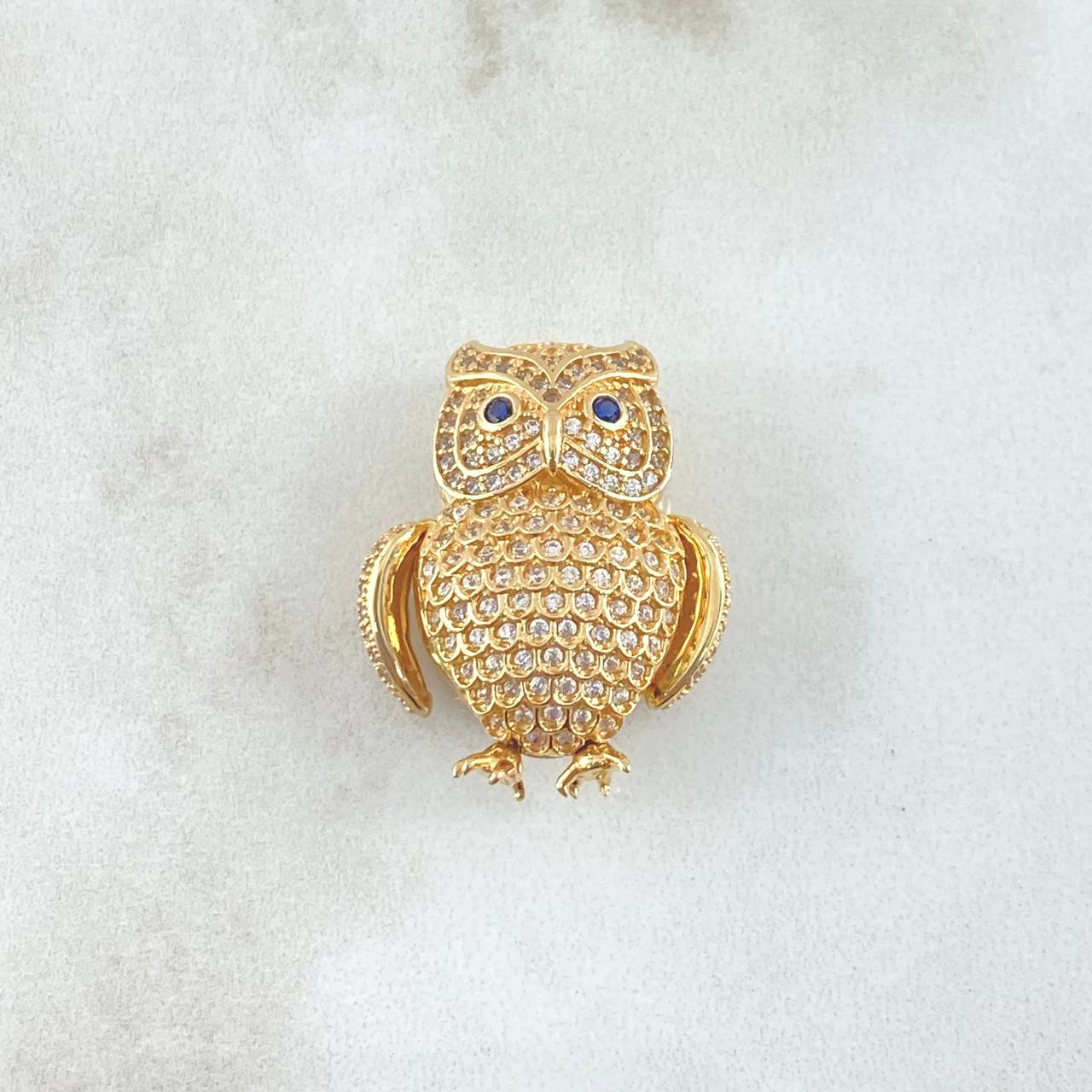 Pendant Owl 9.5gr / 2.6cm / White Zircons Blue Eyes 18K Yellow Gold *