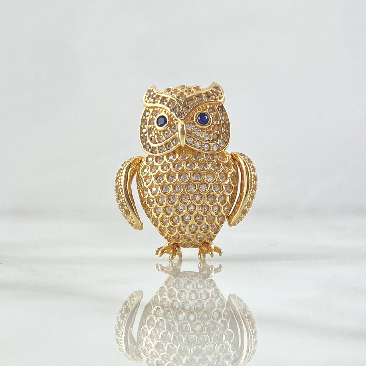 Pendant Owl 9.5gr / 2.6cm / White Zircons Blue Eyes 18K Yellow Gold *