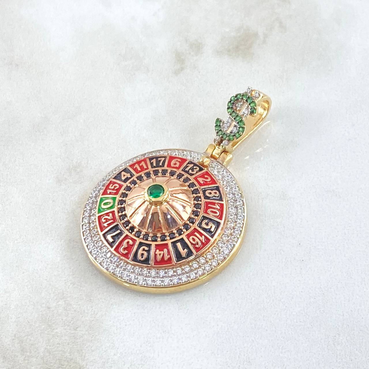 Dije Ruleta Casino Movil 13.35gr / 4.6cm / Circones Blancos Verde Dos Oros Amarillo Rosa 18K *