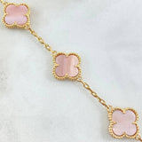 Pulso Trebol 12.55gr / 19.5cm / 1.9mm Cuarzo Rosado Oro Amarillo 18K ©