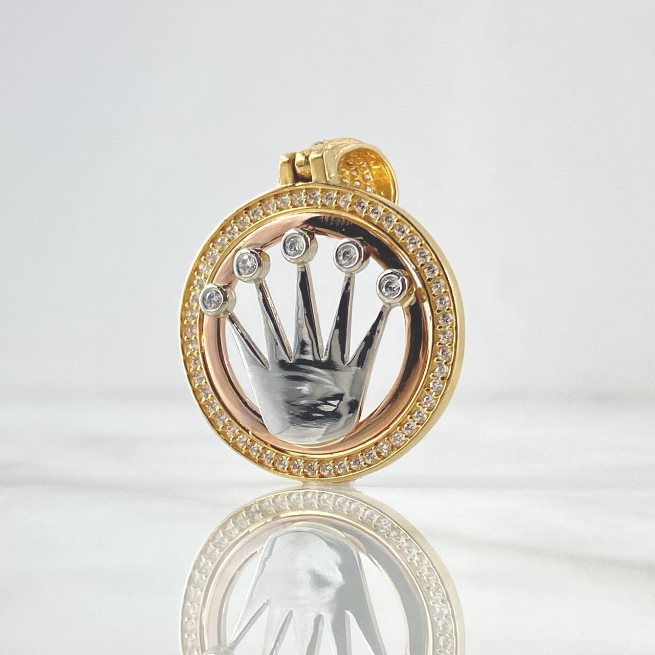 Dije Corona RX Doble Marco Circulo 7.95gr / 3.9cm / Circones Blancos Tres Oros 18K *