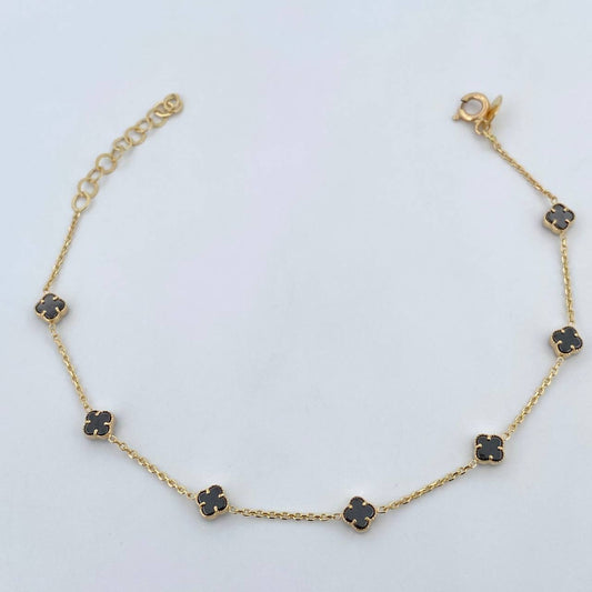 Pulso Trebol Aro Seguido 2.35gr / 19.5cm / 1mm Onix Negro Oro Amarillo +4 18K &