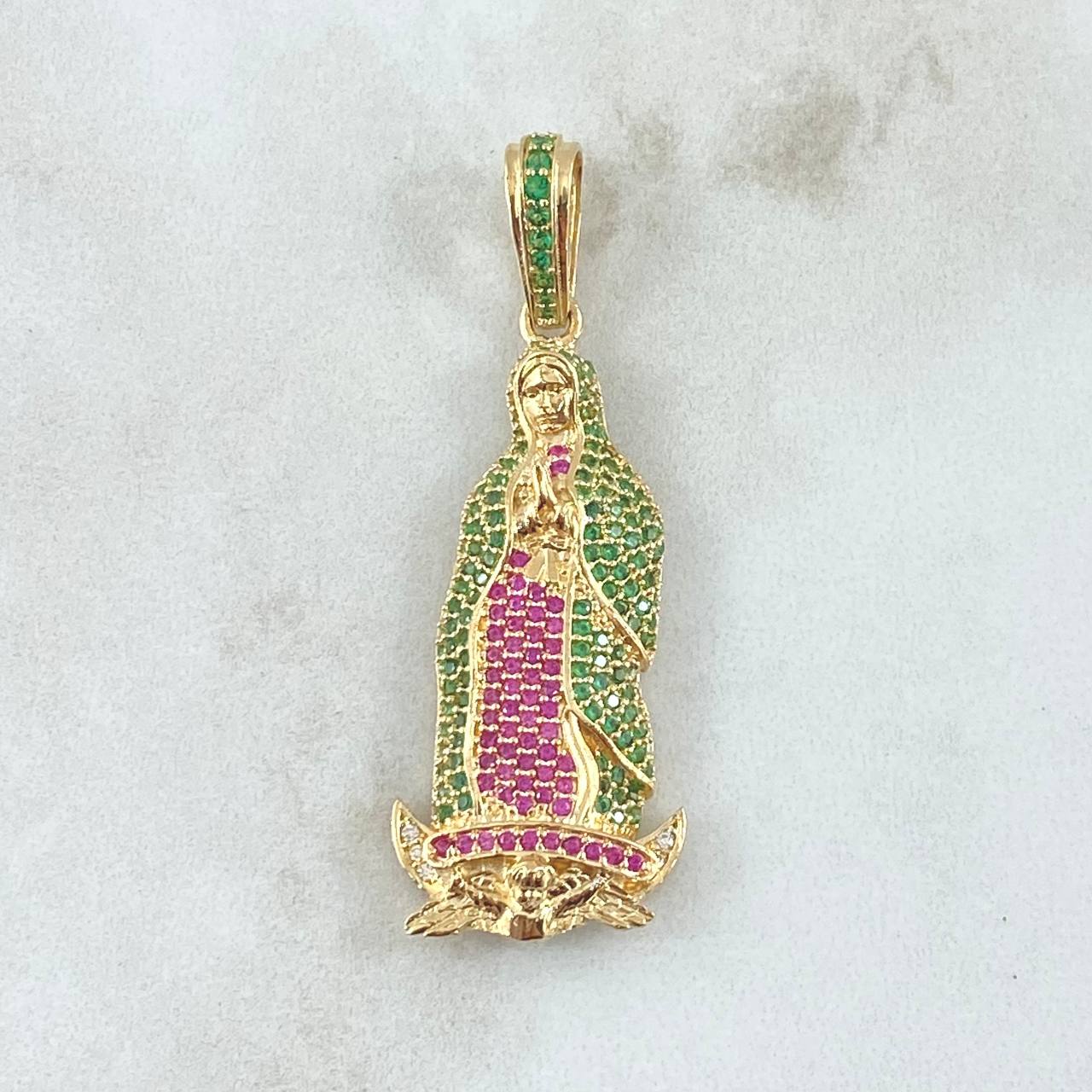 Pendant Virgin of Guadalupe 7.2gr / 4.7cm / Silhouette Green Fuchsia Zircons 18K Yellow Gold *