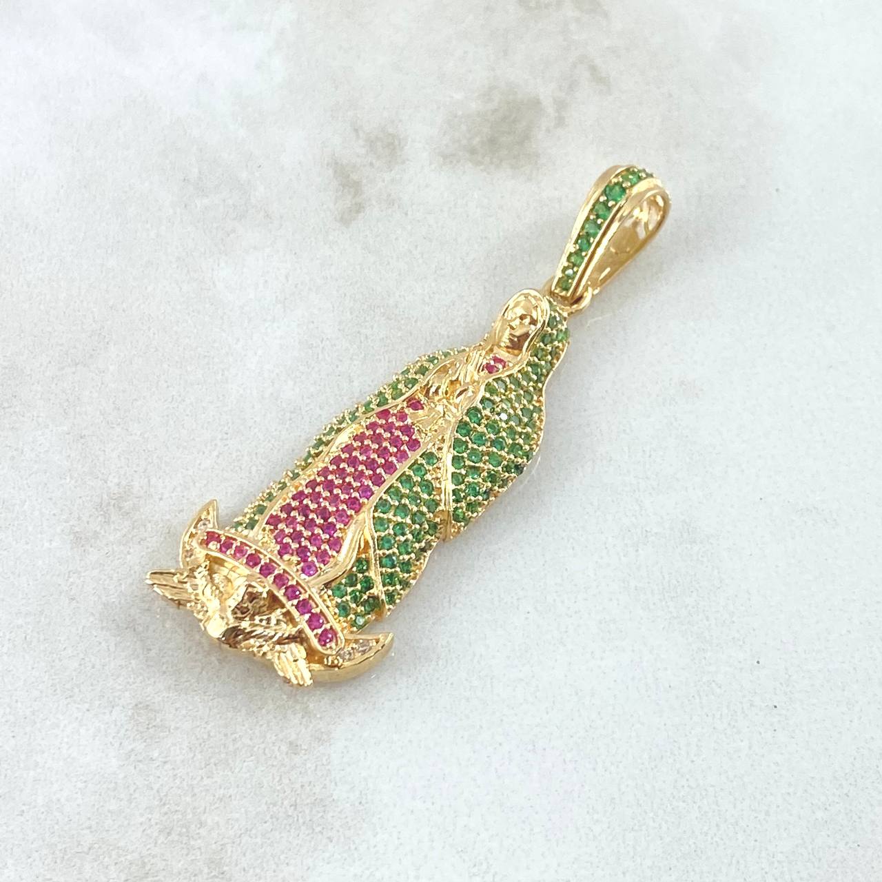 Pendant Virgin of Guadalupe 7.2gr / 4.7cm / Silhouette Green Fuchsia Zircons 18K Yellow Gold *