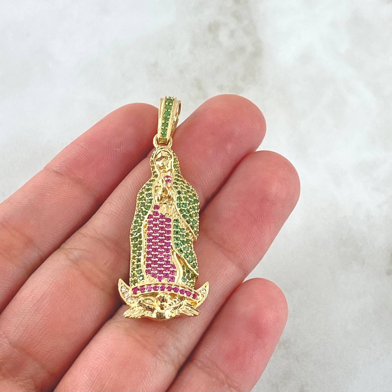 Pendant Virgin of Guadalupe 7.2gr / 4.7cm / Silhouette Green Fuchsia Zircons 18K Yellow Gold *
