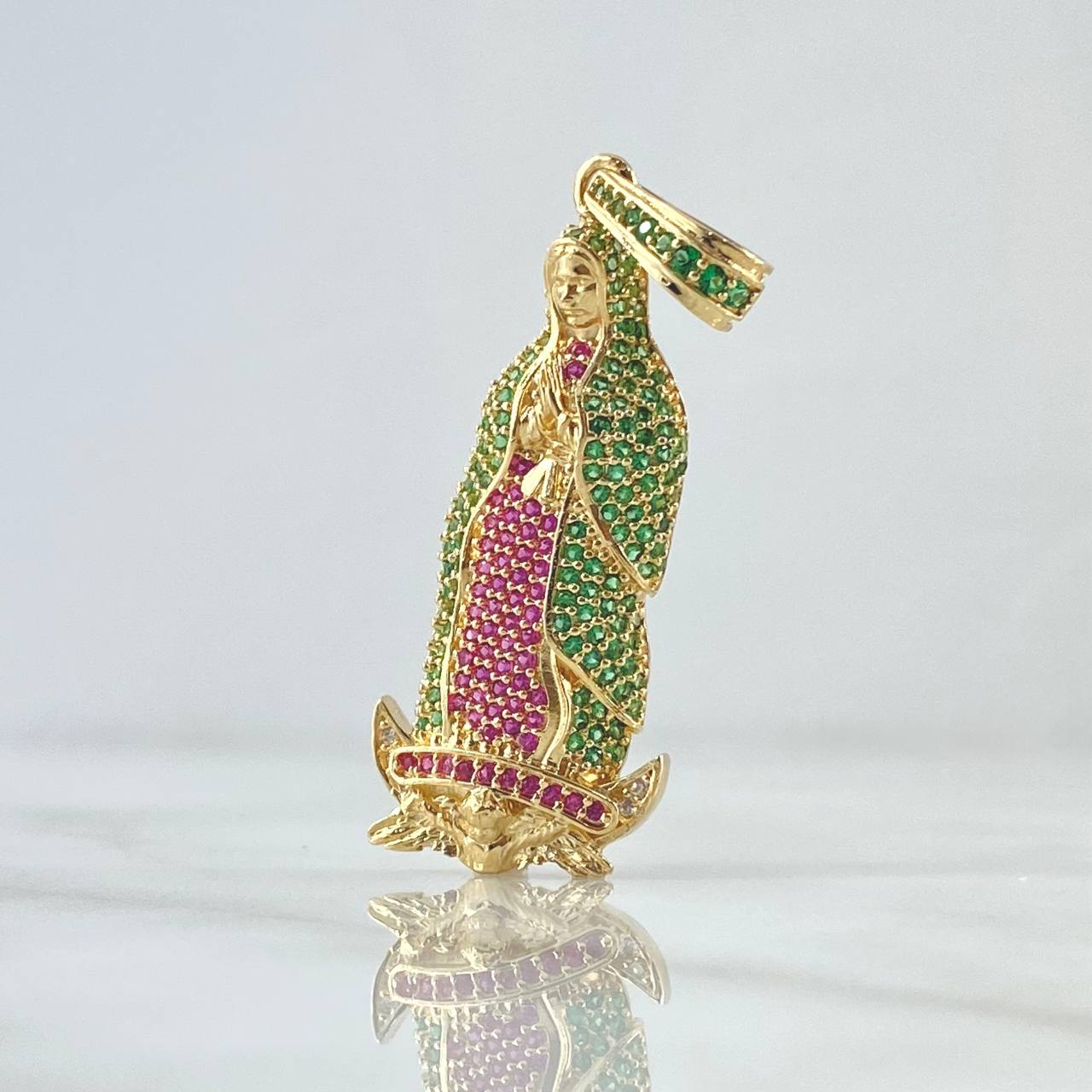 Pendant Virgin of Guadalupe 7.2gr / 4.7cm / Silhouette Green Fuchsia Zircons 18K Yellow Gold *
