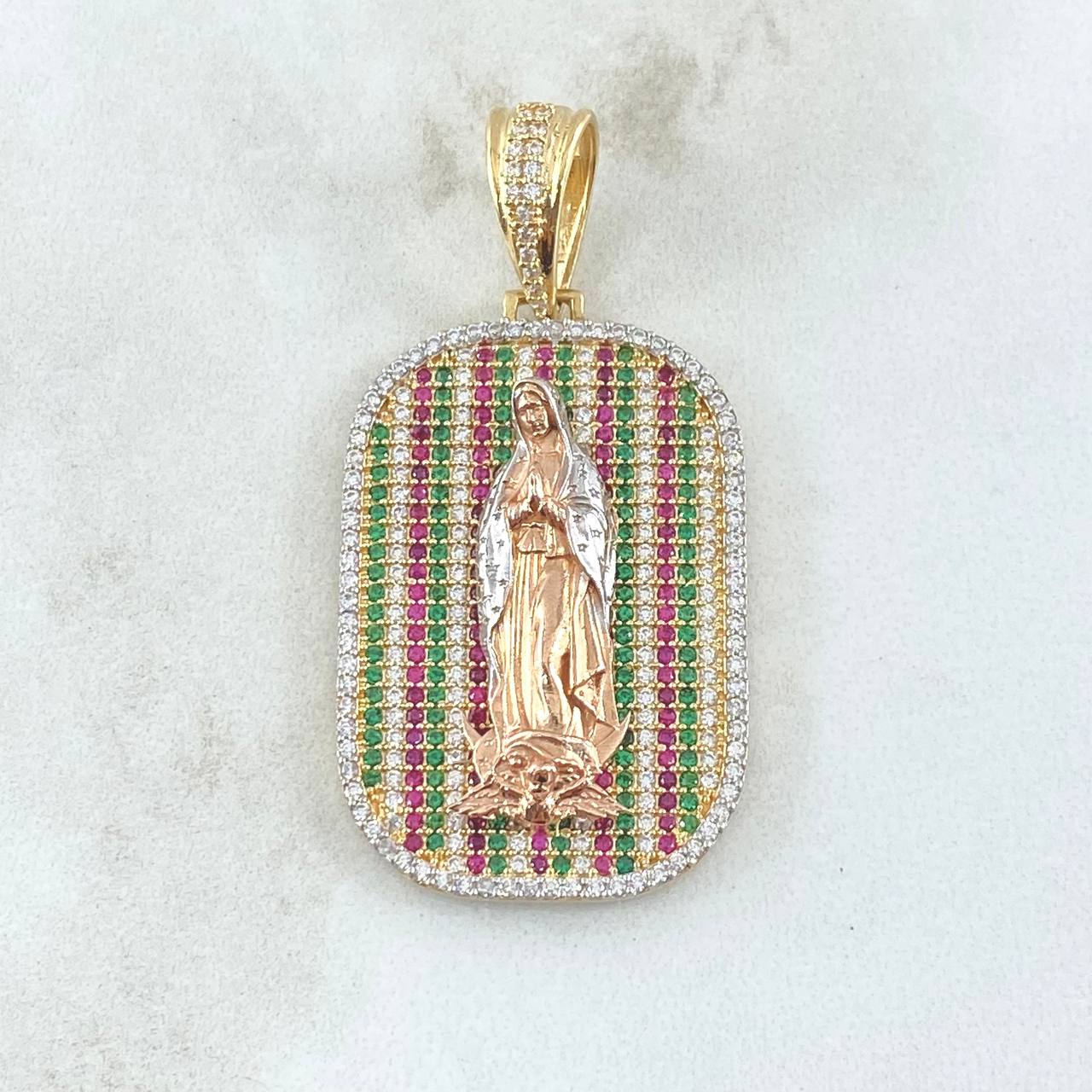 Pendant Virgin of Guadalupe Plate 9.7gr / 4.5cm / Relief White Green Fuchsia Zircons Three 18K Golds *