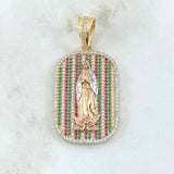 Pendant Virgin of Guadalupe Plate 9.7gr / 4.5cm / Relief White Green Fuchsia Zircons Three 18K Golds *