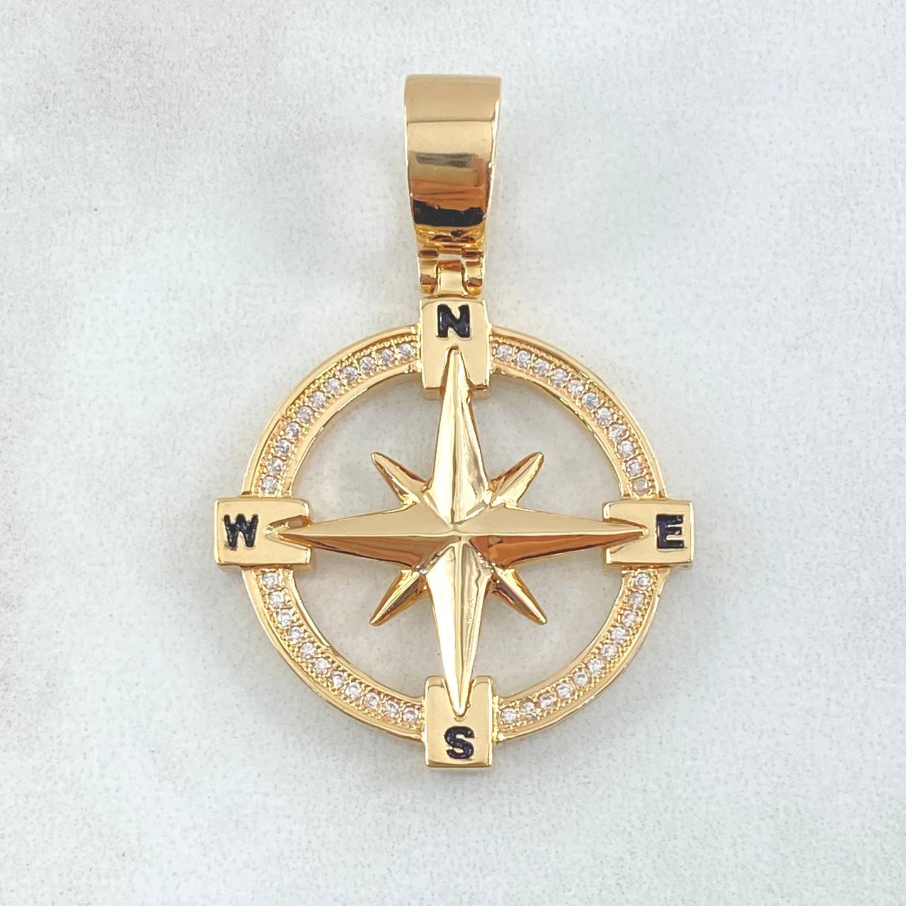 Pendant Compass 7.95gr / 1.6in-White Zirconia 18K Gold