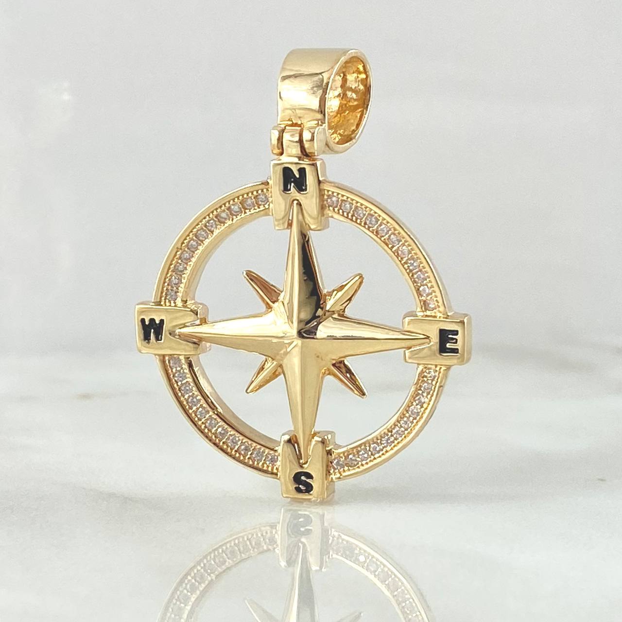 Pendant Compass 7.95gr / 1.6in-White Zirconia 18K Gold