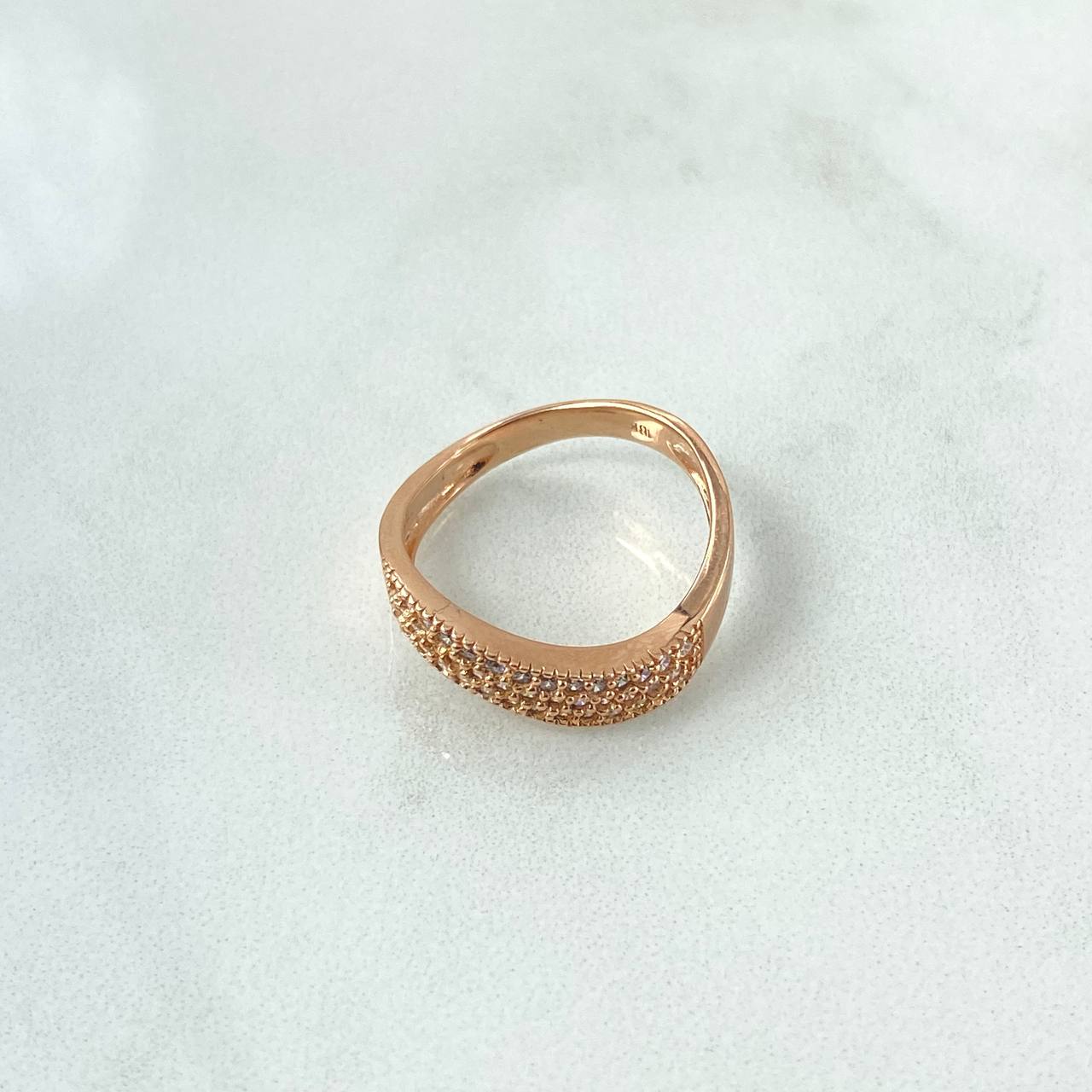 Double Wave Ring 3.3gr / T6 3/4 / White Zircons 18K Rose Gold