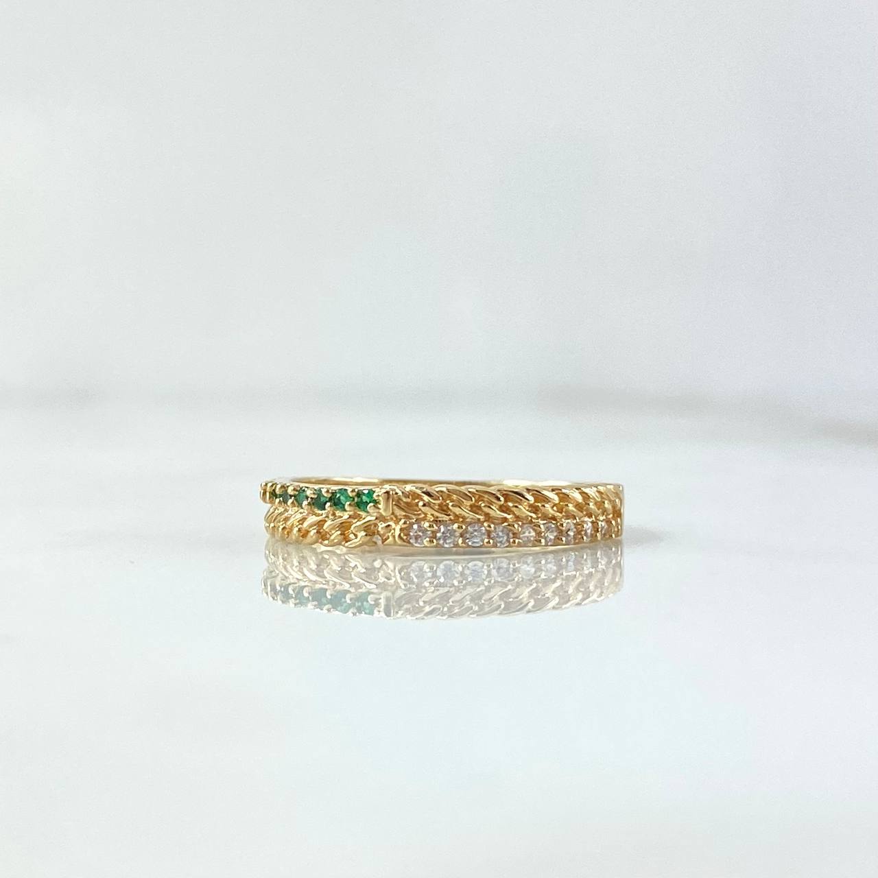 Forked Cuban Ring 2.4gr / Size 7 3/4 / White and Green Zircons 18K Yellow Gold